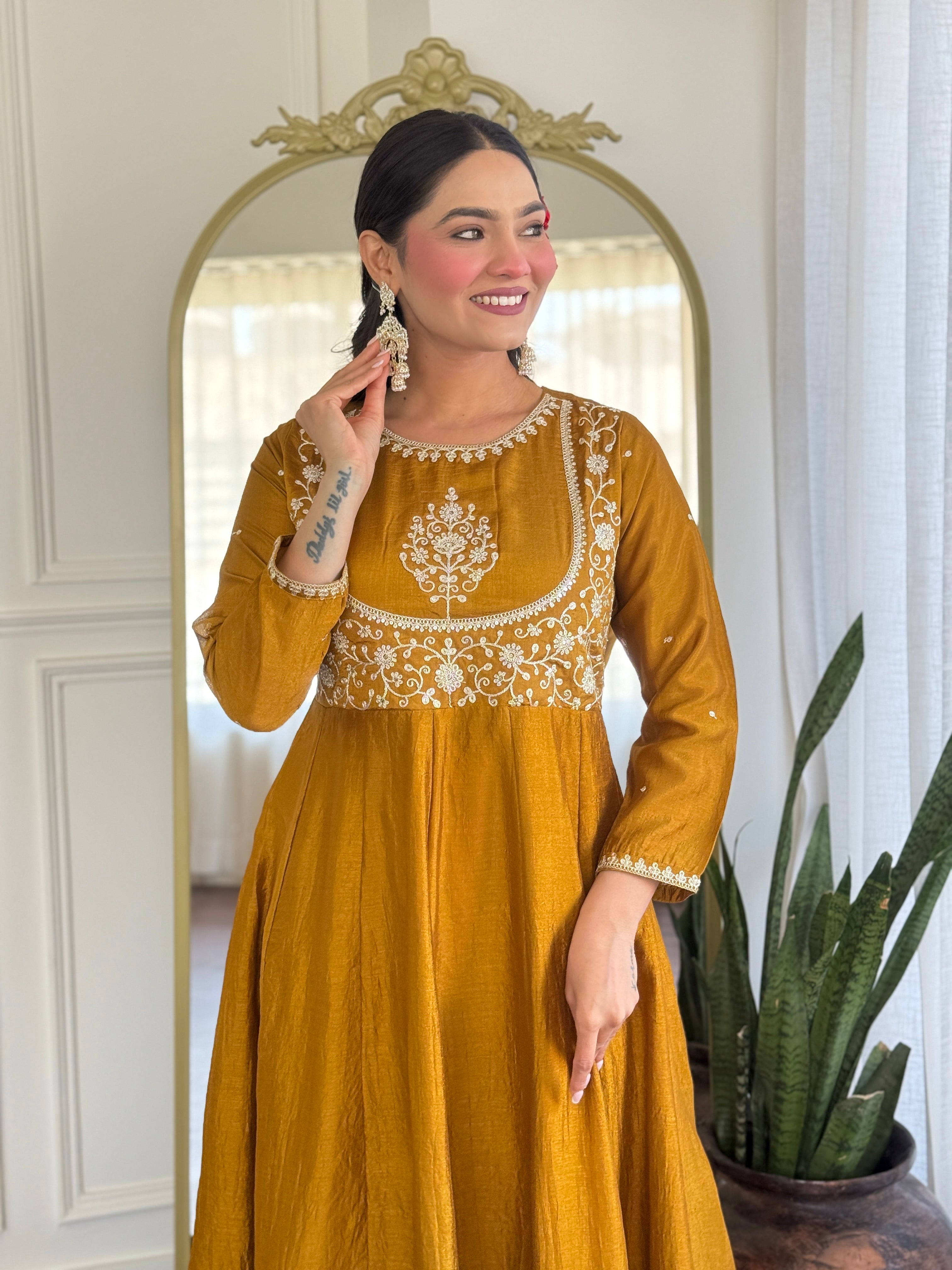 Latest Designer Mustard Color Vichitra Silk With Embroidery Work Beautiful Kurta Set