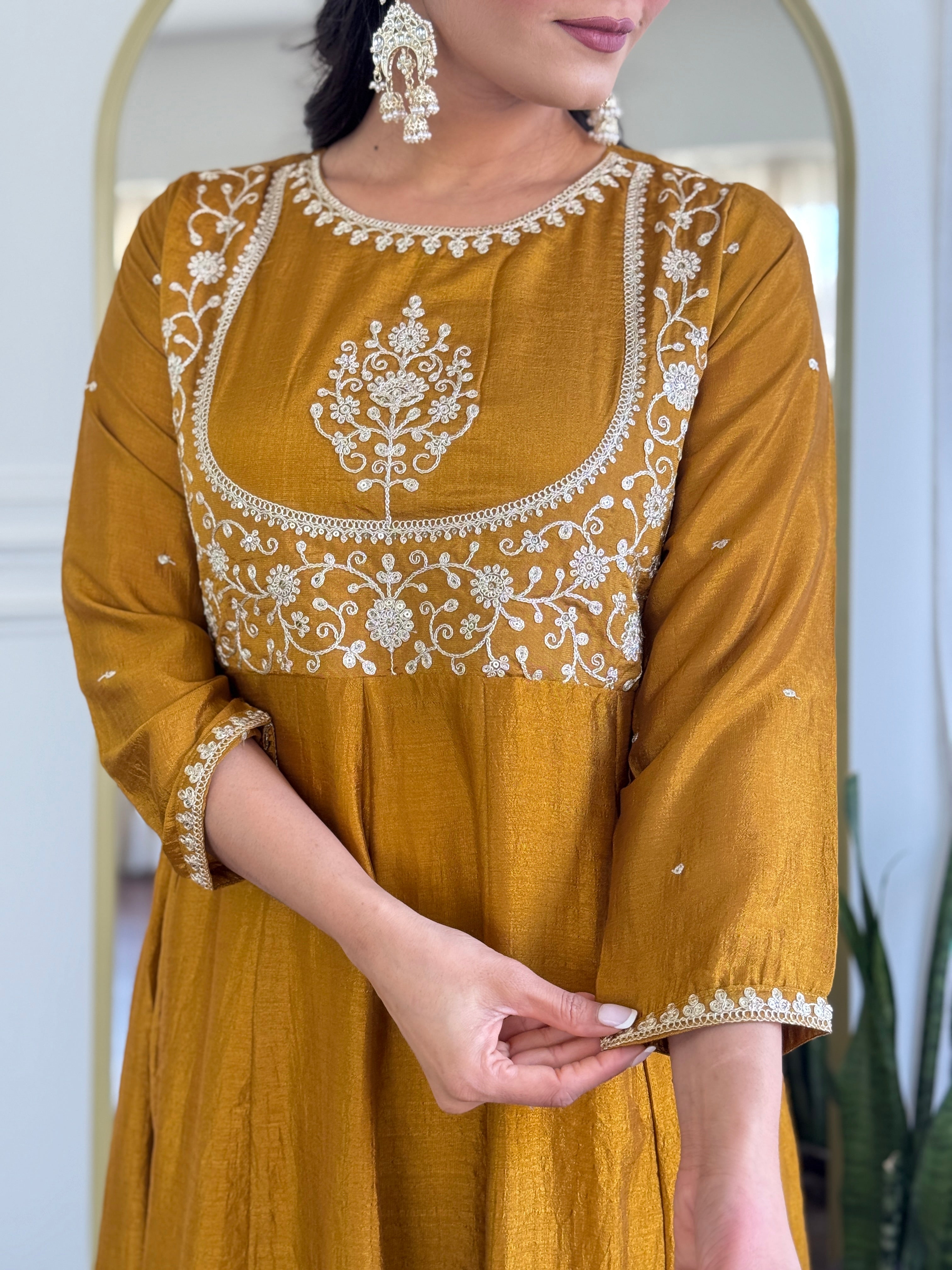Latest Designer Mustard Color Vichitra Silk With Embroidery Work Beautiful Kurta Set