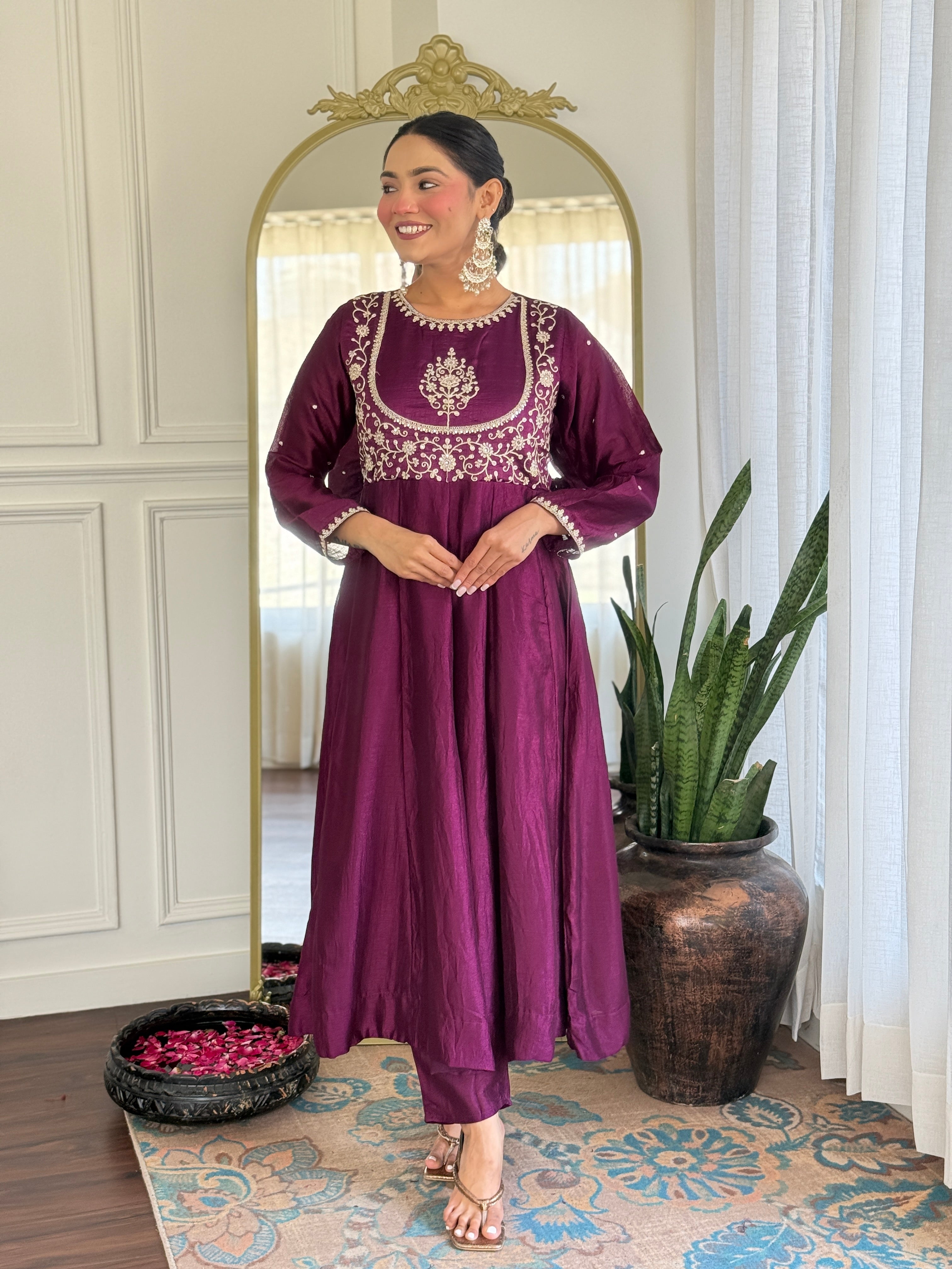 Latest Designer Purple Color Vichitra Silk With Embroidery Work Beautiful Kurta Set