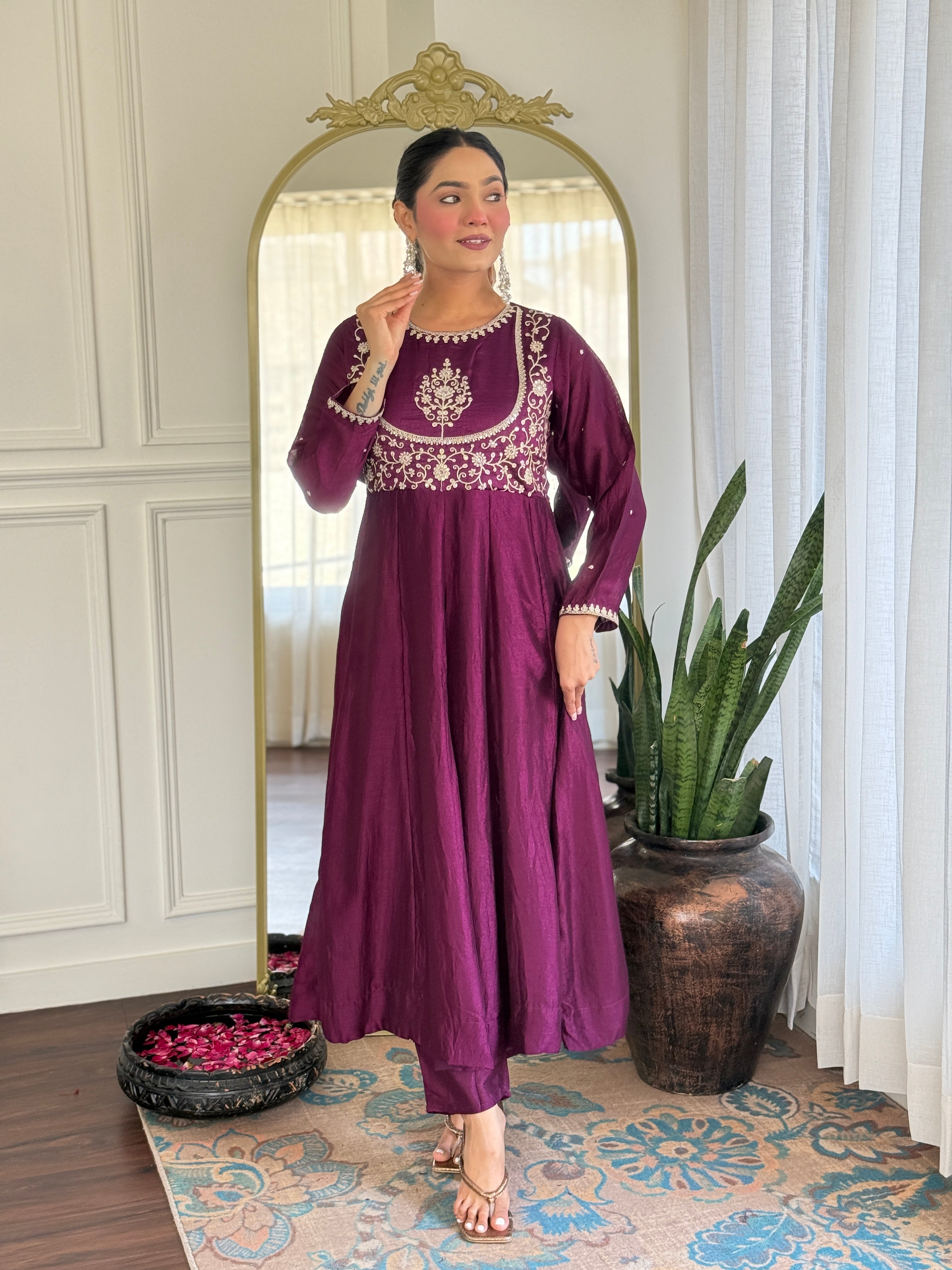 Latest Designer Purple Color Vichitra Silk With Embroidery Work Beautiful Kurta Set