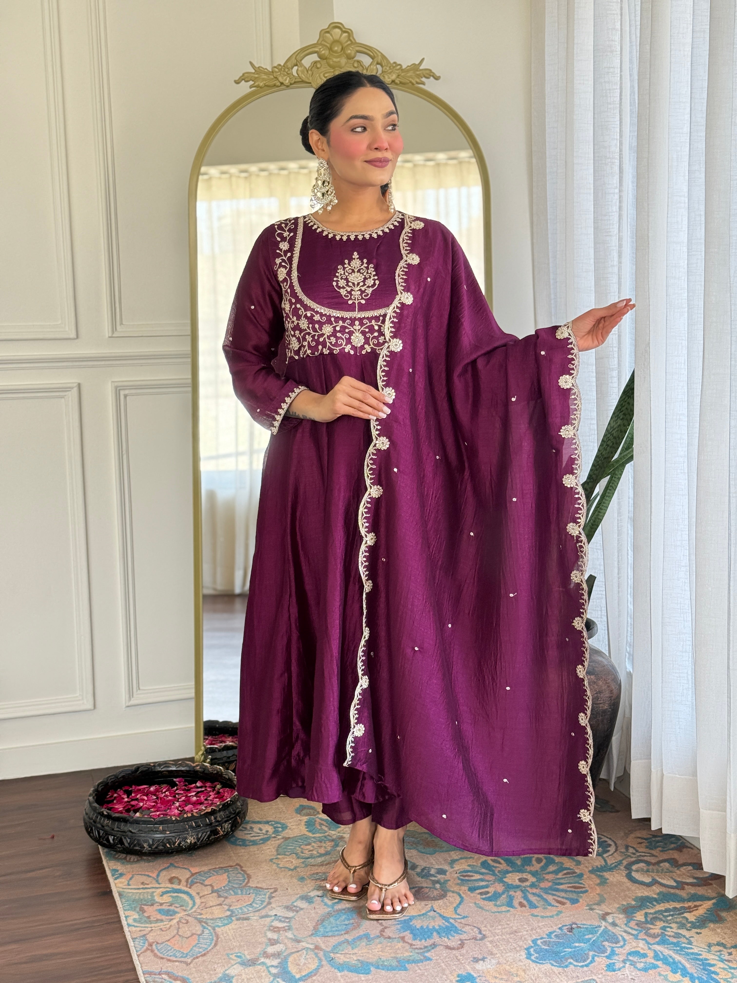 Latest Designer Purple Color Vichitra Silk With Embroidery Work Beautiful Kurta Set