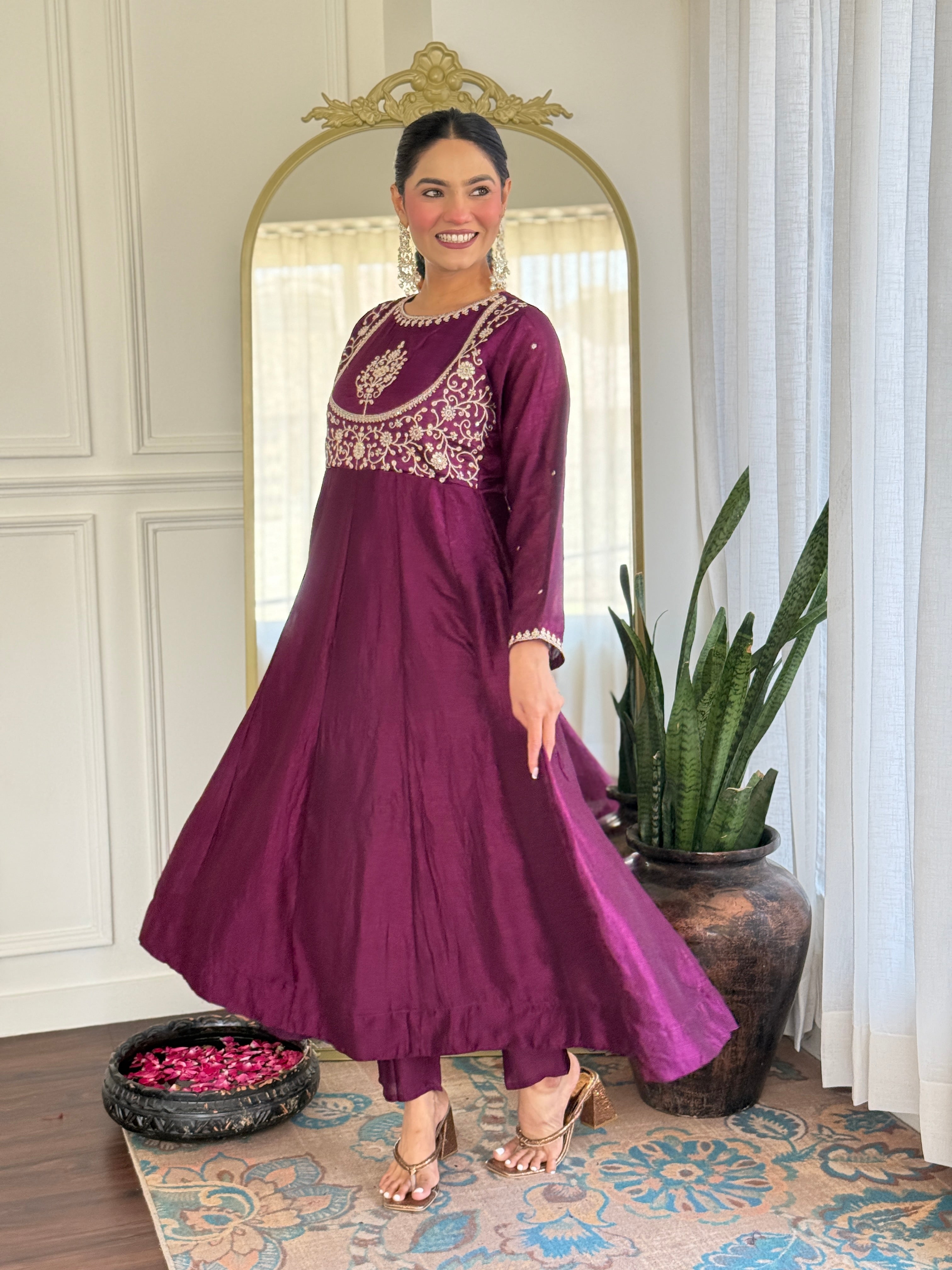 Latest Designer Purple Color Vichitra Silk With Embroidery Work Beautiful Kurta Set