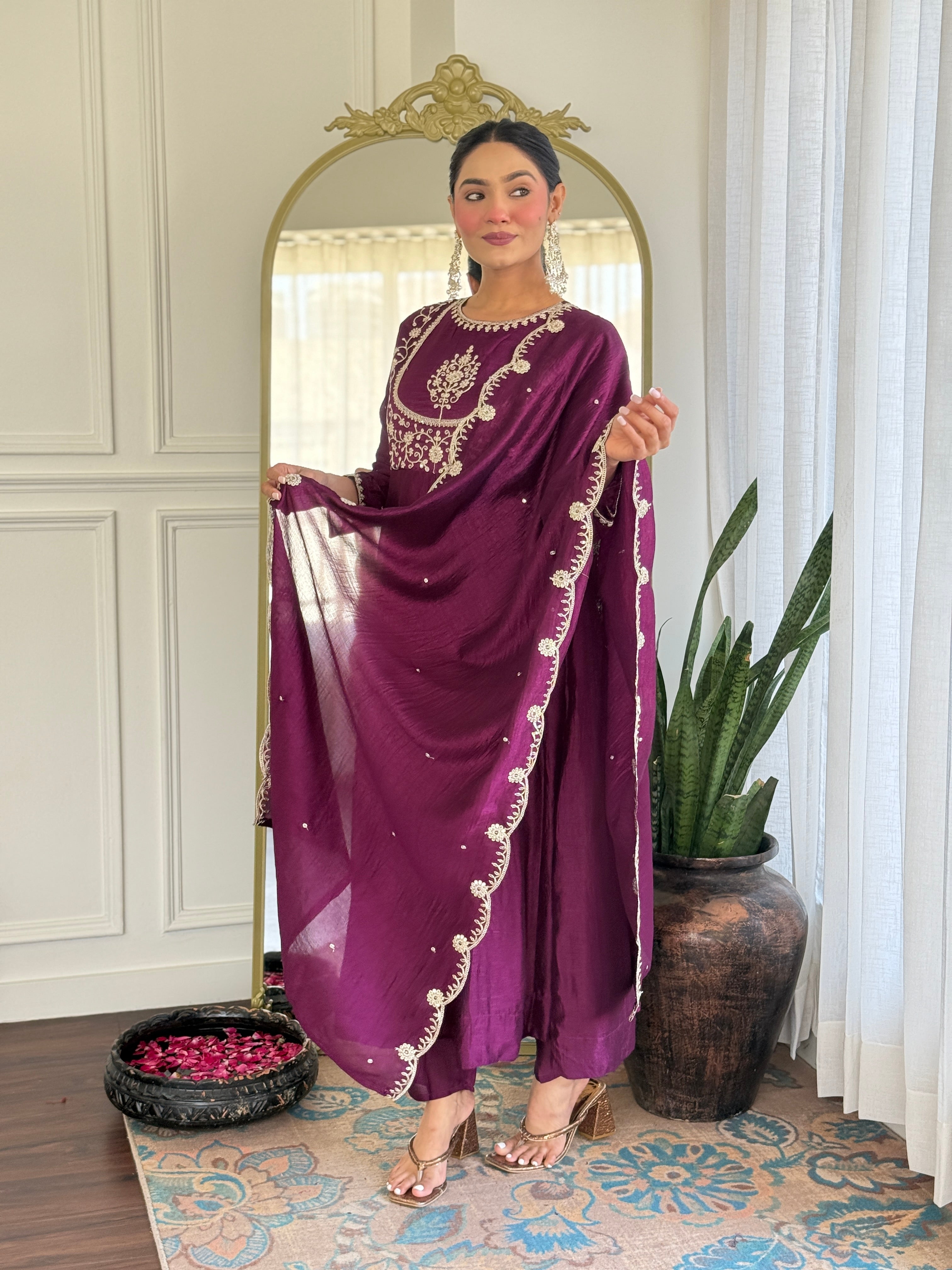 Latest Designer Purple Color Vichitra Silk With Embroidery Work Beautiful Kurta Set