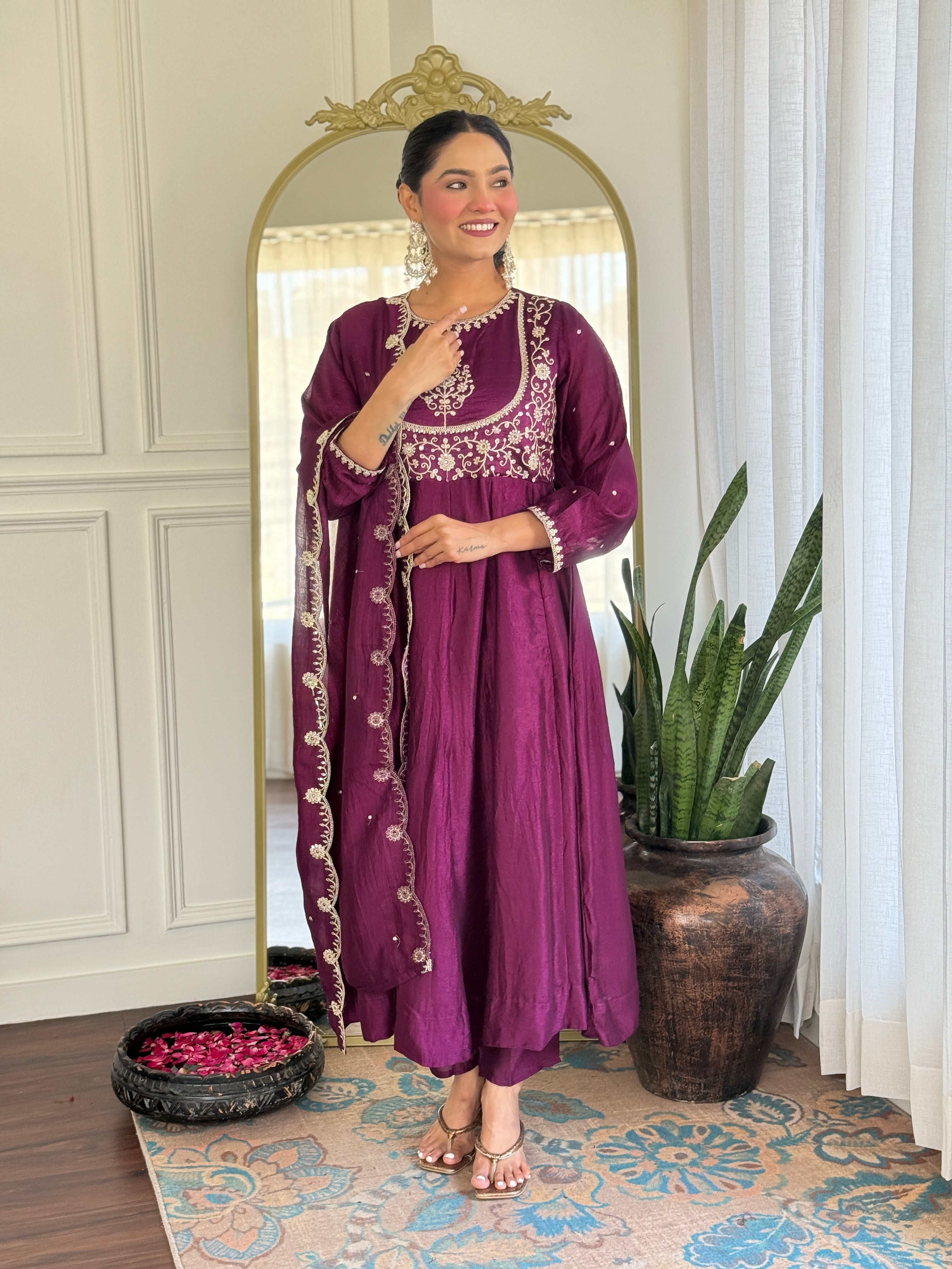 Latest Designer Purple Color Vichitra Silk With Embroidery Work Beautiful Kurta Set