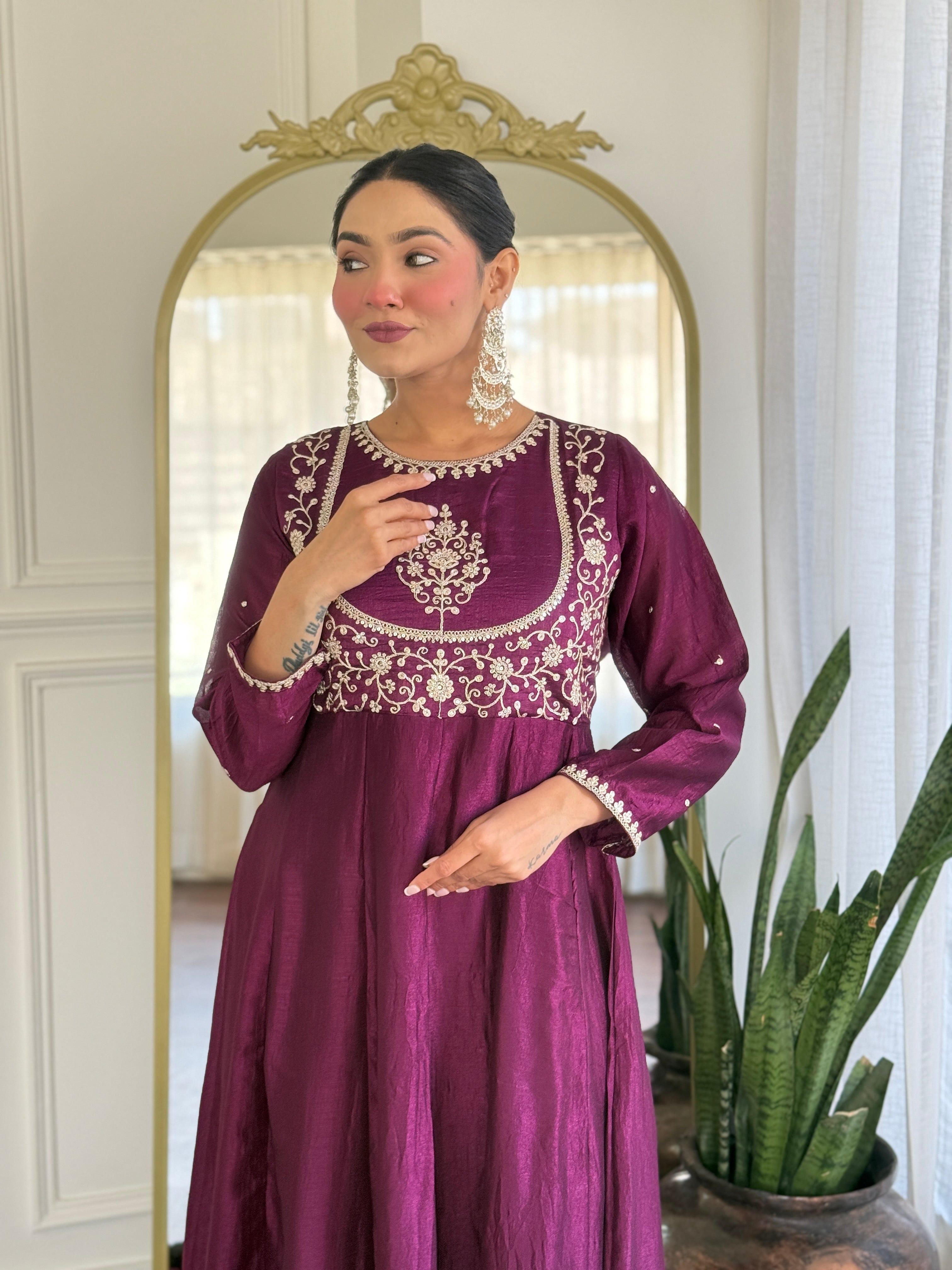 Latest Designer Purple Color Vichitra Silk With Embroidery Work Beautiful Kurta Set