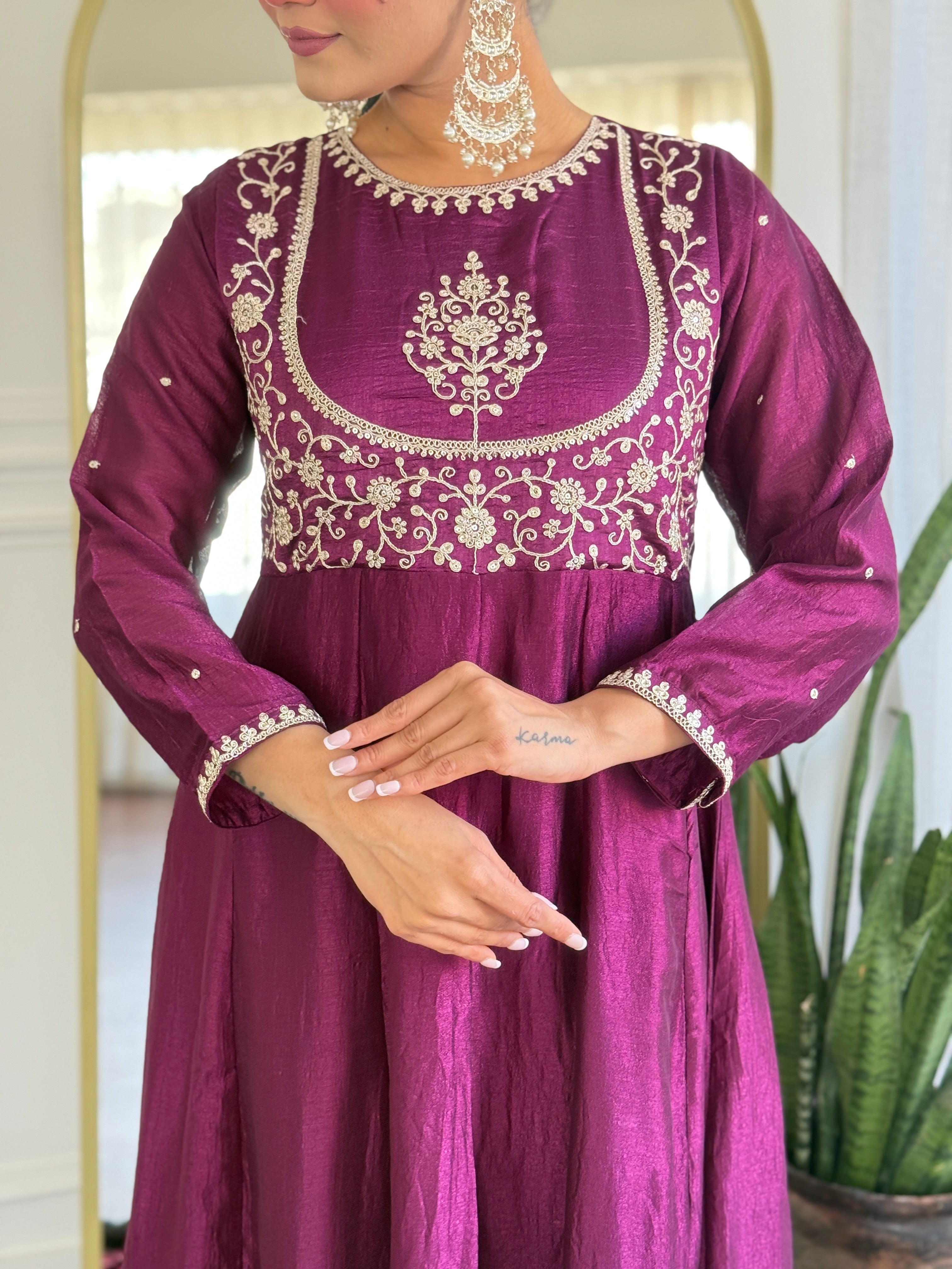 Latest Designer Purple Color Vichitra Silk With Embroidery Work Beautiful Kurta Set
