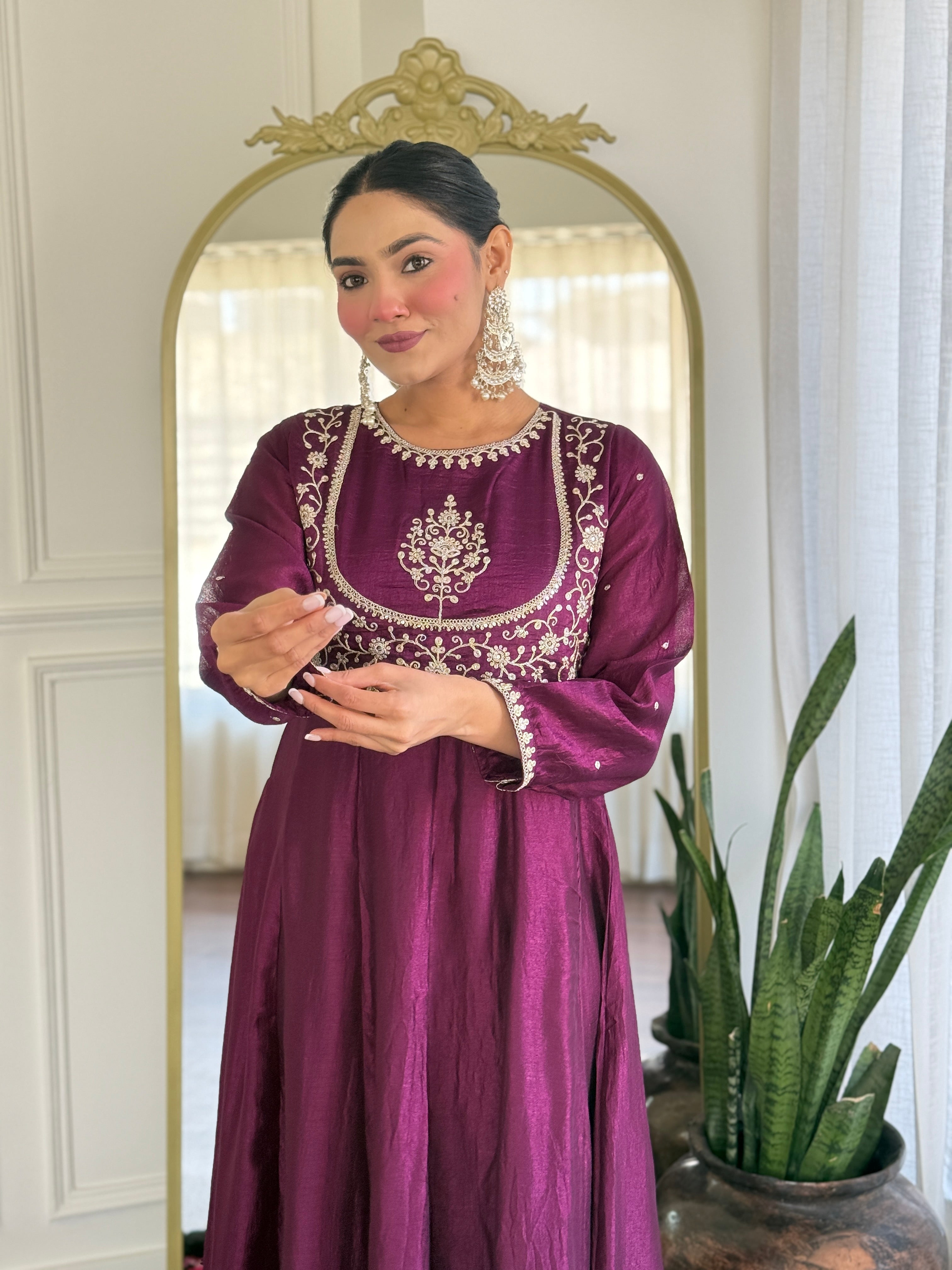 Latest Designer Purple Color Vichitra Silk With Embroidery Work Beautiful Kurta Set