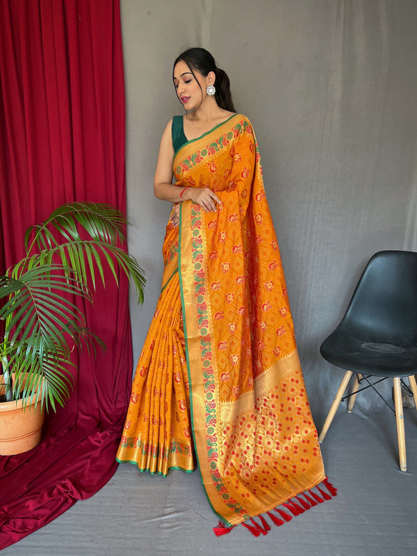 Meenakari Border And Rich Pallu Mustard Patola Saree