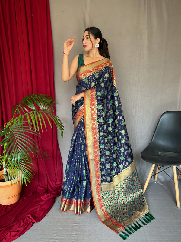 Meenakari Border And Rich Pallu Navy Blue Patola Saree