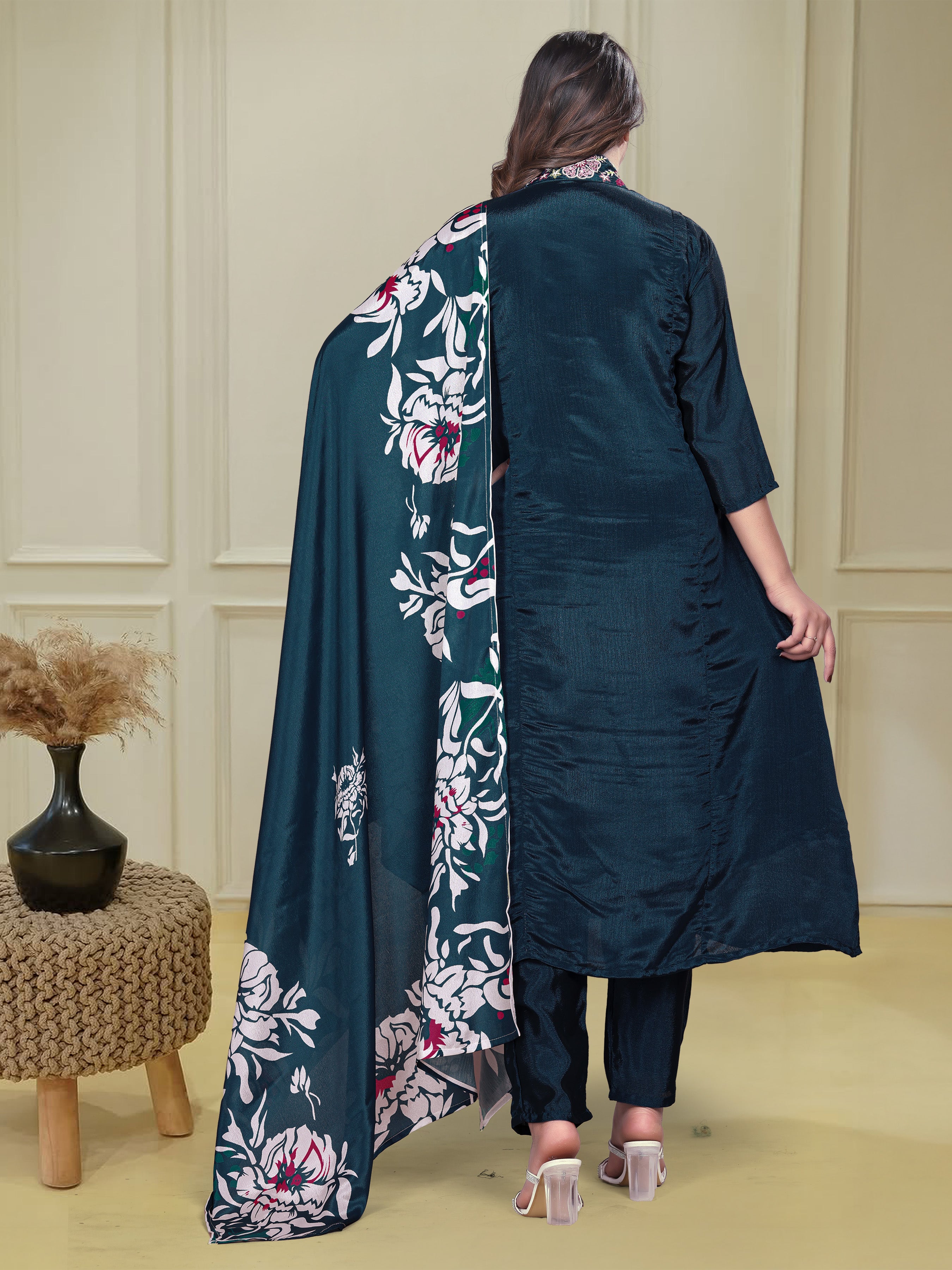 Embellished Teal Blue Color Chinon And Full Flared With Embroidered Work Designer kurta Set
