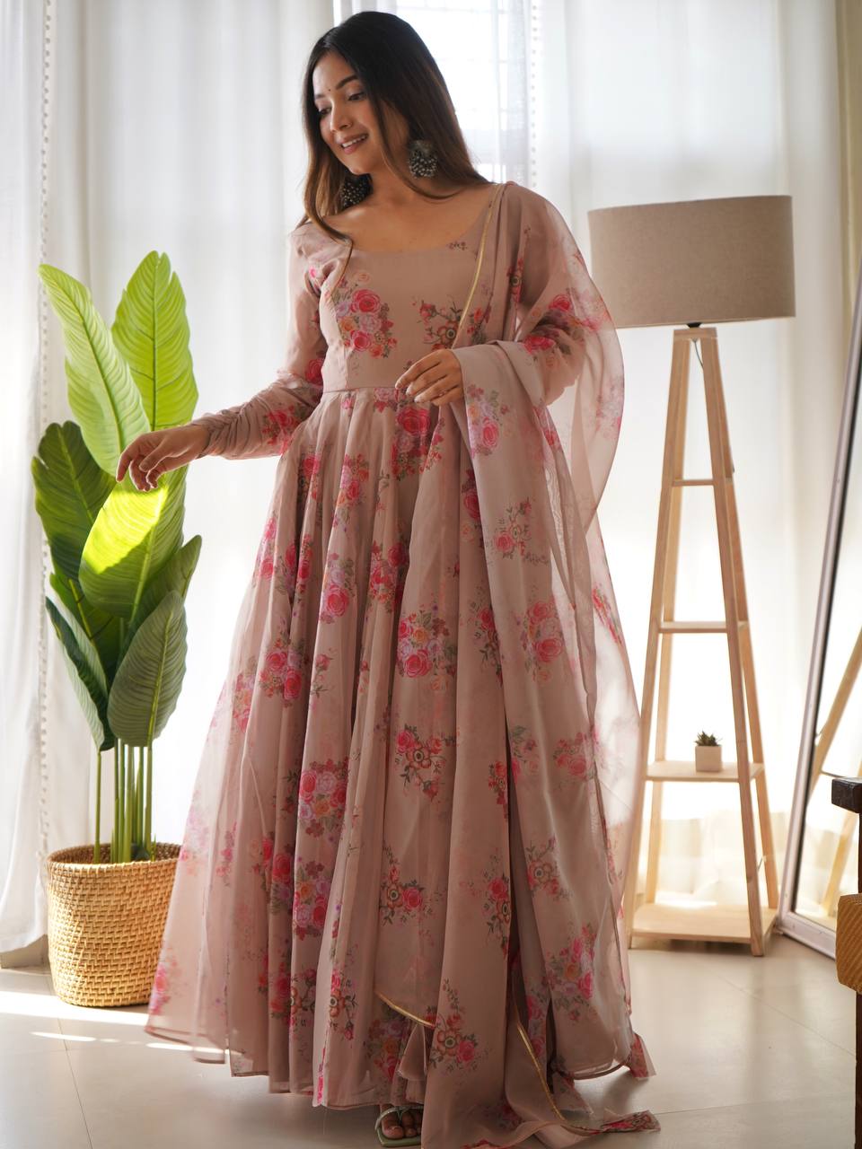 Fantastic Beige Color Anarkali Gown With Belt