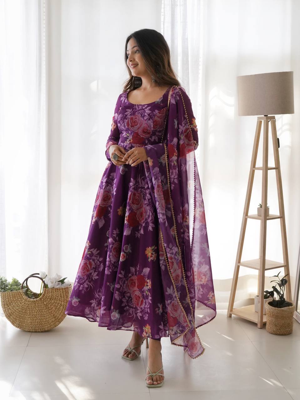 Purple Color Printed Organza Anarkali Gown