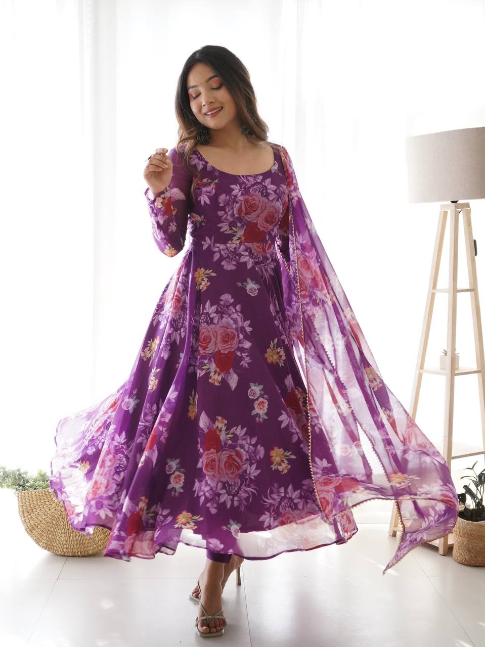 Purple Color Printed Organza Anarkali Gown