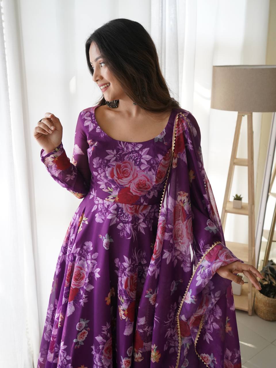 Purple Color Printed Organza Anarkali Gown