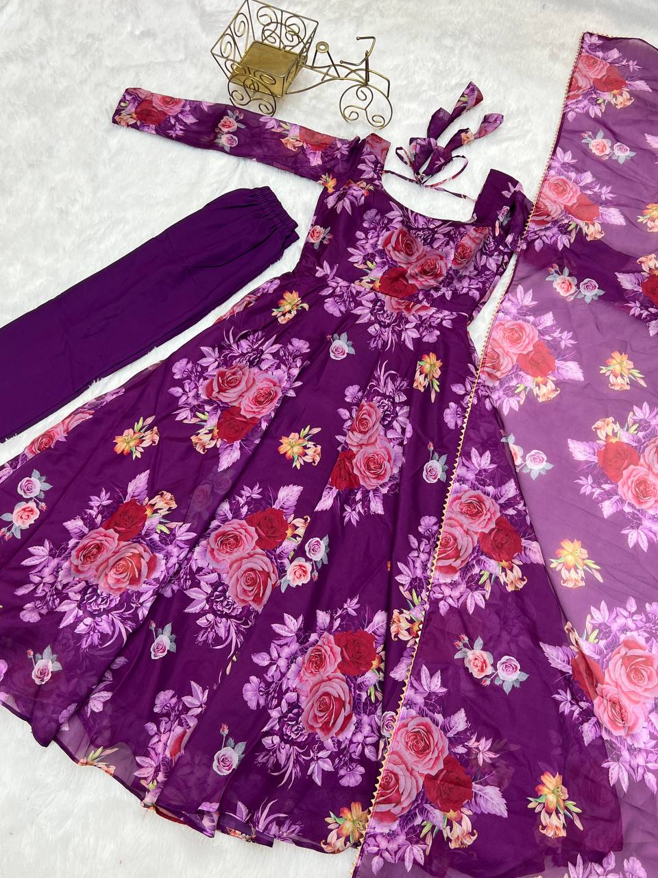 Purple Color Printed Organza Anarkali Gown