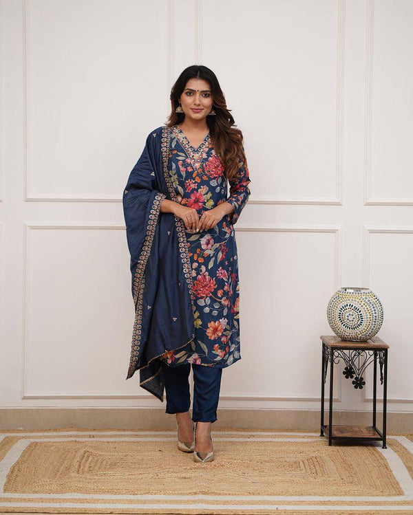 Glorious Navy Color Pure Russian Silk With Embroidery Work Designer Kurta Set