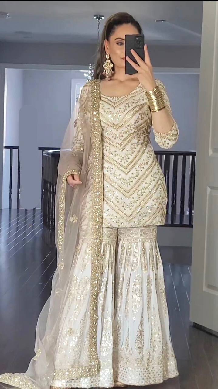 Heavy Sequence Work White Color Embellished Sharara Suit