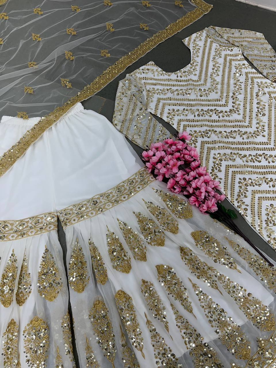 Heavy Sequence Work White Color Embellished Sharara Suit