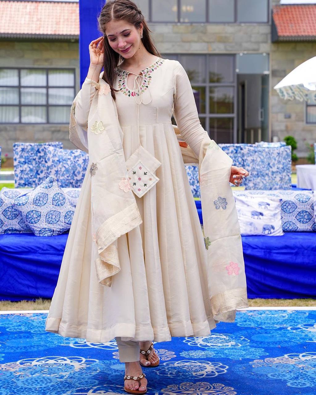 off white colour dress Party Wear Off White Color Thread Work Gown – Vastra Shop
