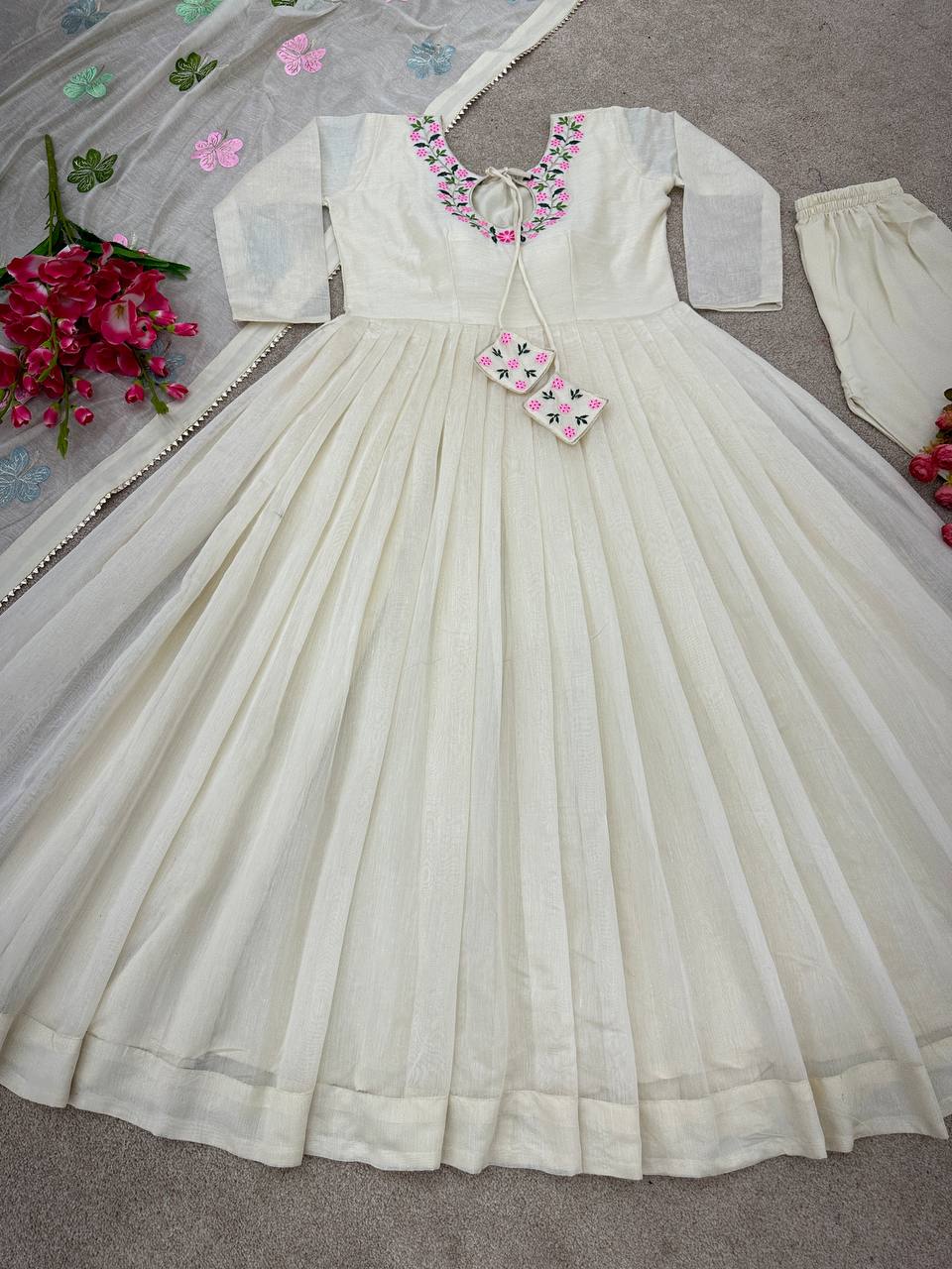 Party Wear Off White Color Thread Work Gown