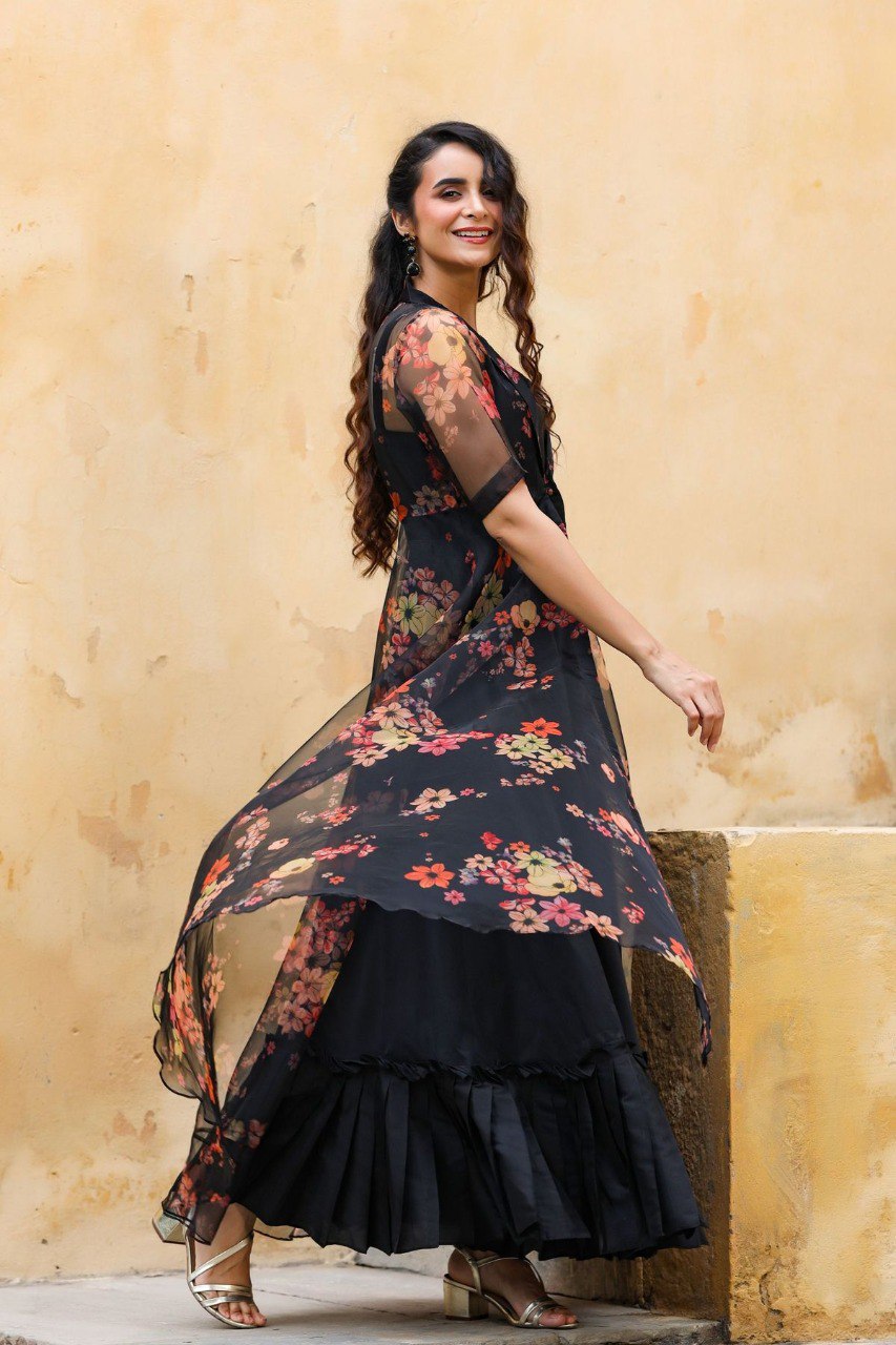 Beautiful Black Gown With Organza Print Shrug