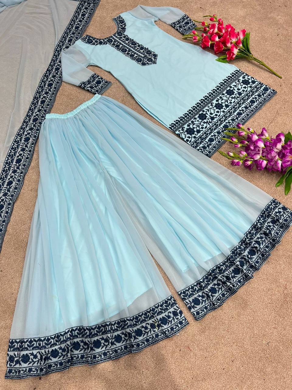 Terrific Thread Embroidery Work Sky Blue Color Palazzo Suit