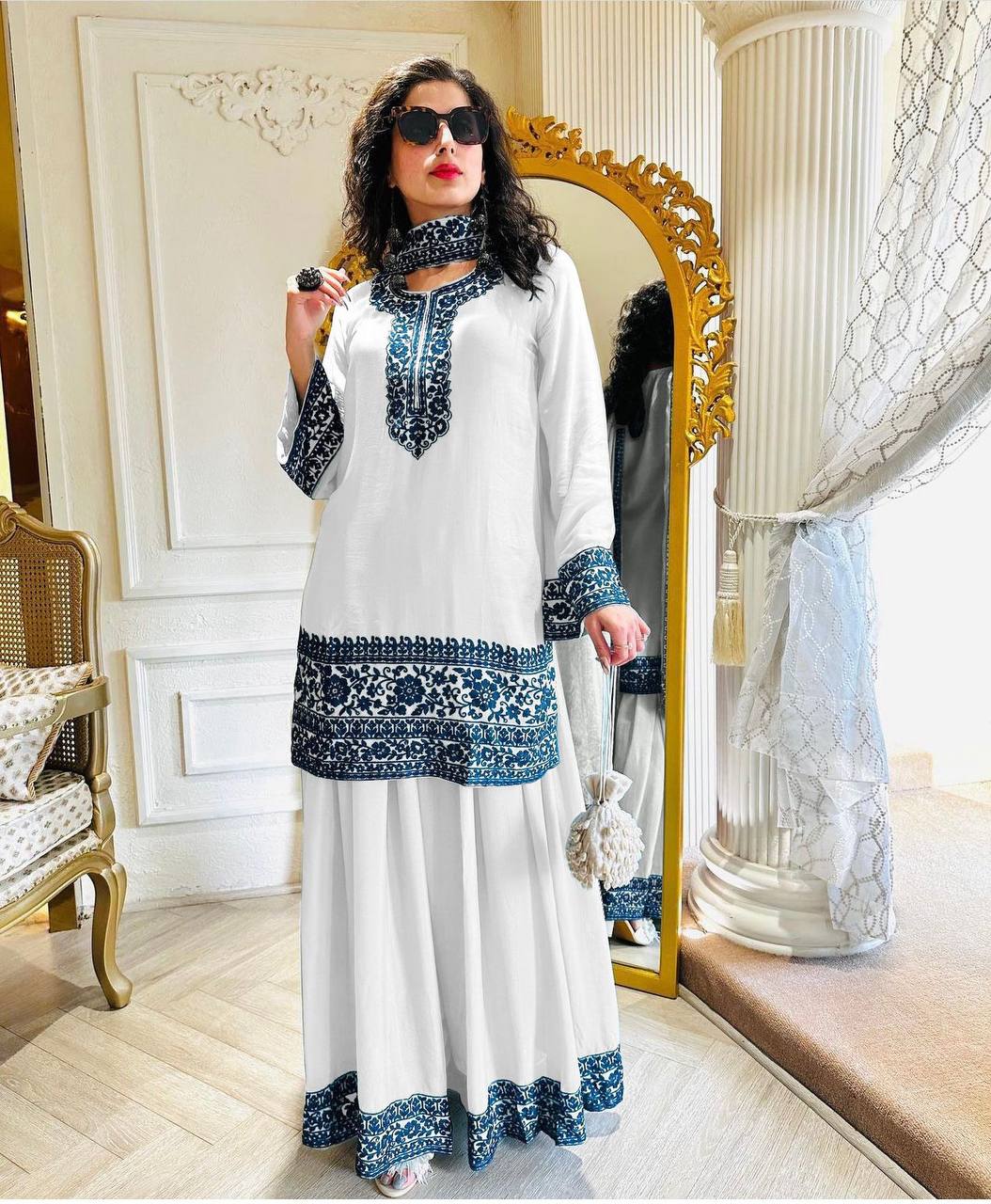 Terrific Thread Embroidery Work White Color Palazzo Suit