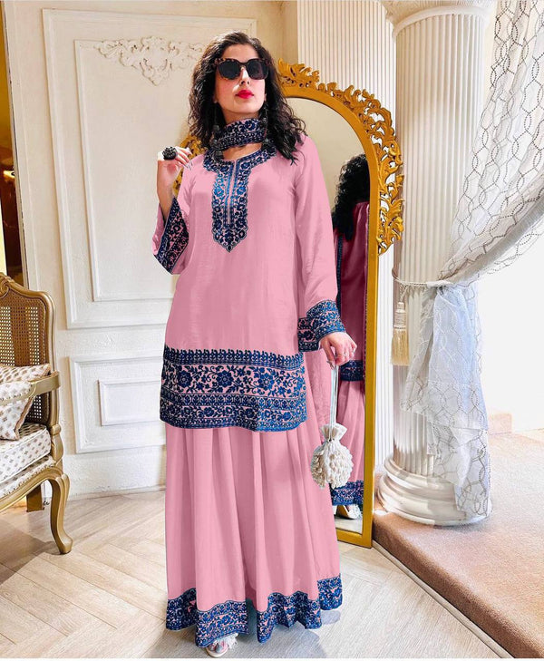 Terrific Thread Embroidery Work Light Pink Color Palazzo Suit