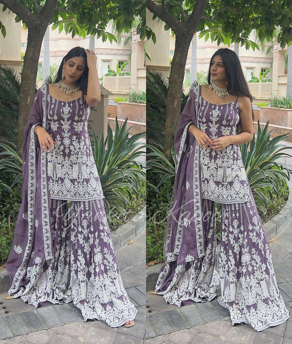 Amazing Embroidery With Diamond Work Lavender Sharara Suit