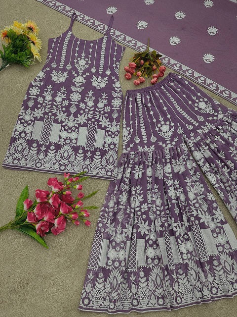 Amazing Embroidery With Diamond Work Lavender Sharara Suit