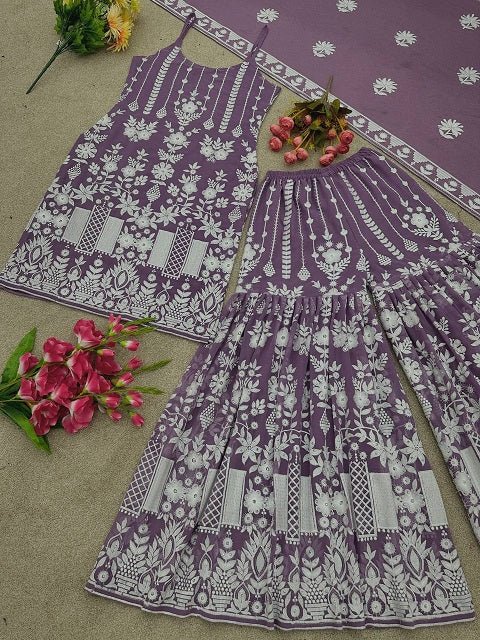 Amazing Embroidery With Diamond Work Lavender Sharara Suit