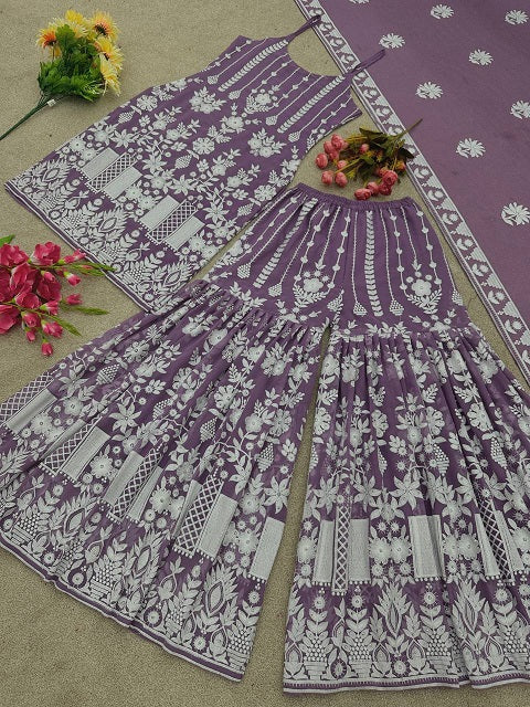 Amazing Embroidery With Diamond Work Lavender Sharara Suit