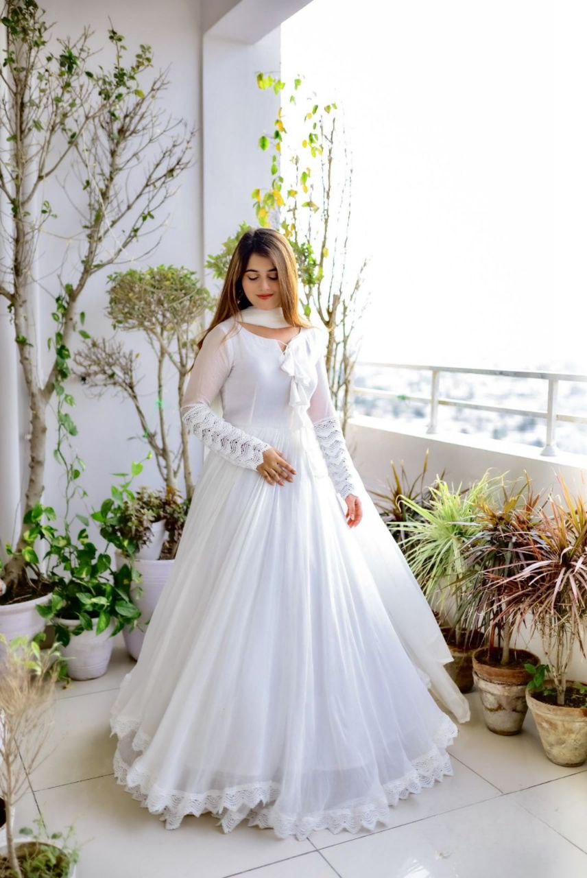 Pretty White Color Full Sleeve Double Layer Gown – Vastra Shop