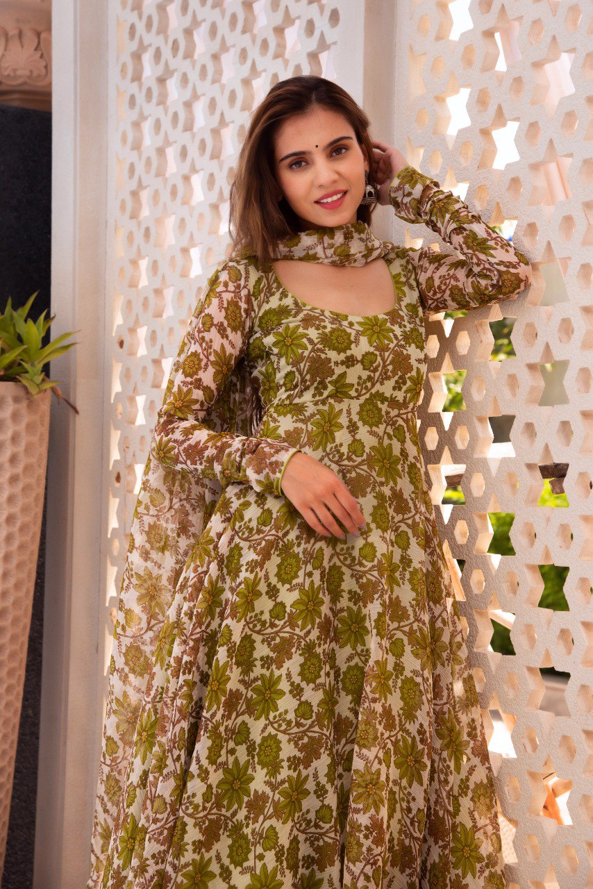 Trendy Printed Parrot Green Color Anarkali Gown Vastra Shop Trendy Printed Parrot Green Color Anarkali Gown Vastra Shop