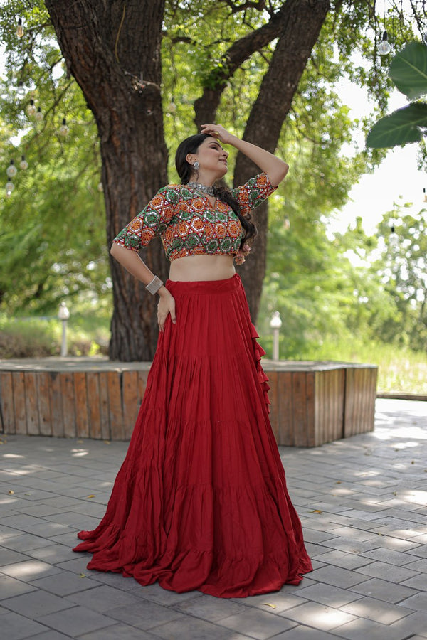 Plain Frill Pattern Red Lehenga With Traditional Thread Work Choli