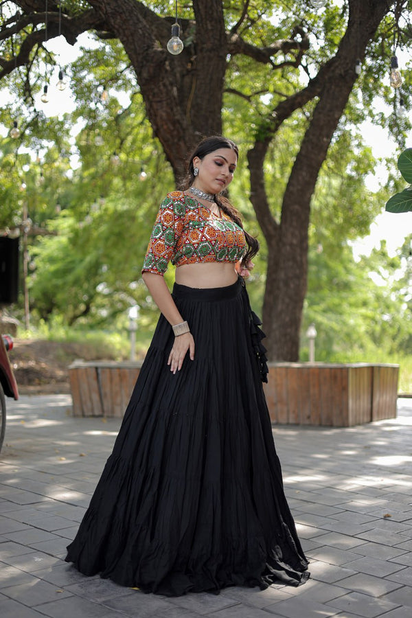 Plain Frill Pattern Black Lehenga With Traditional Thread Work Choli