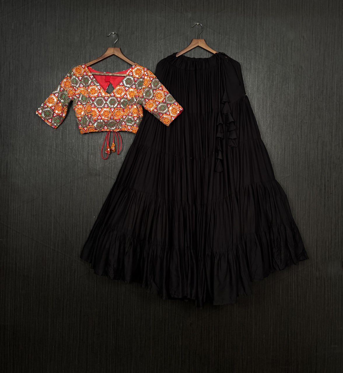 Plain Frill Pattern Black Lehenga With Traditional Thread Work Choli