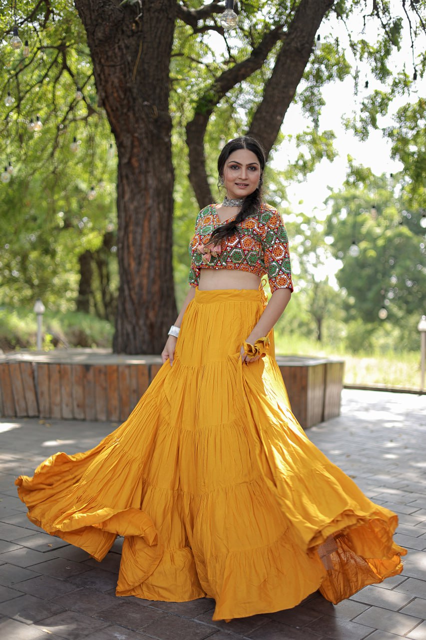 Plain Frill Pattern Yellow Lehenga With Traditional Thread Work Choli