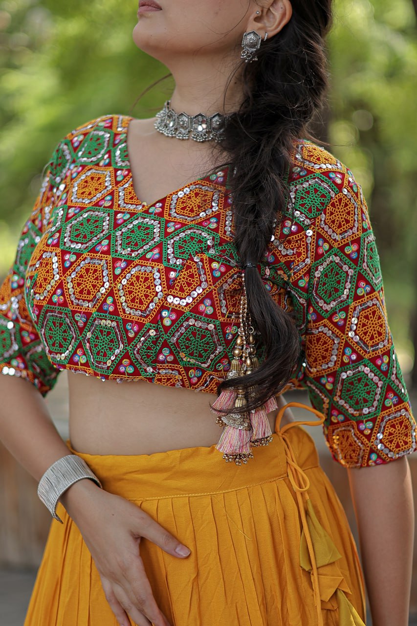 Plain Frill Pattern Yellow Lehenga With Traditional Thread Work Choli