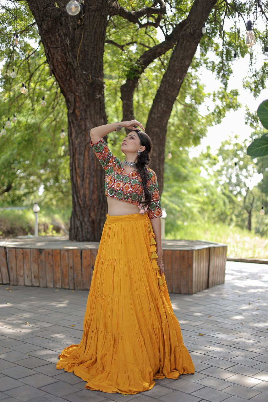 Plain Frill Pattern Yellow Lehenga With Traditional Thread Work Choli