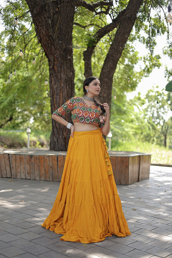 Plain Frill Pattern Yellow Lehenga With Traditional Thread Work Choli