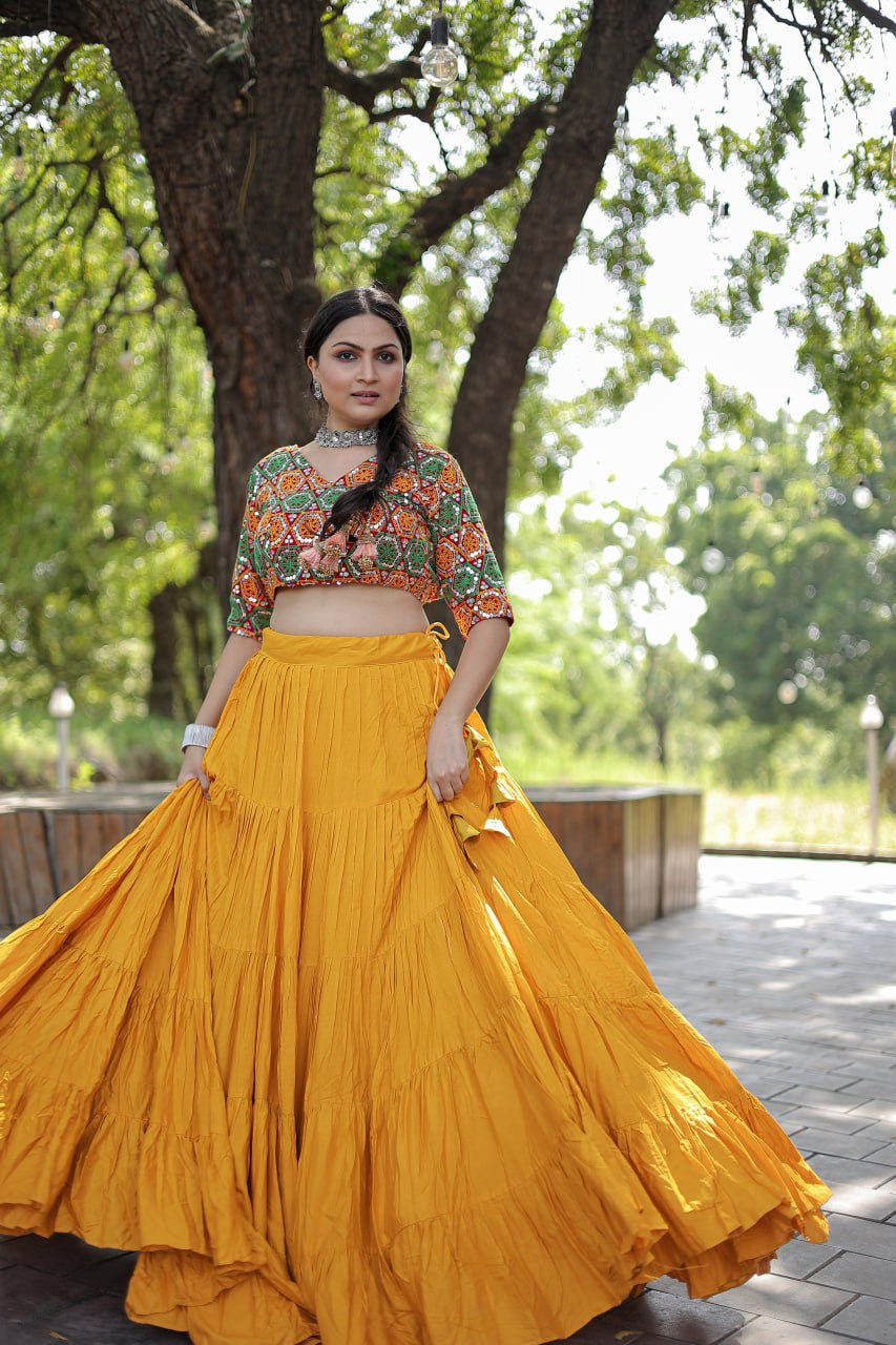 Plain Frill Pattern Yellow Lehenga With Traditional Thread Work Choli