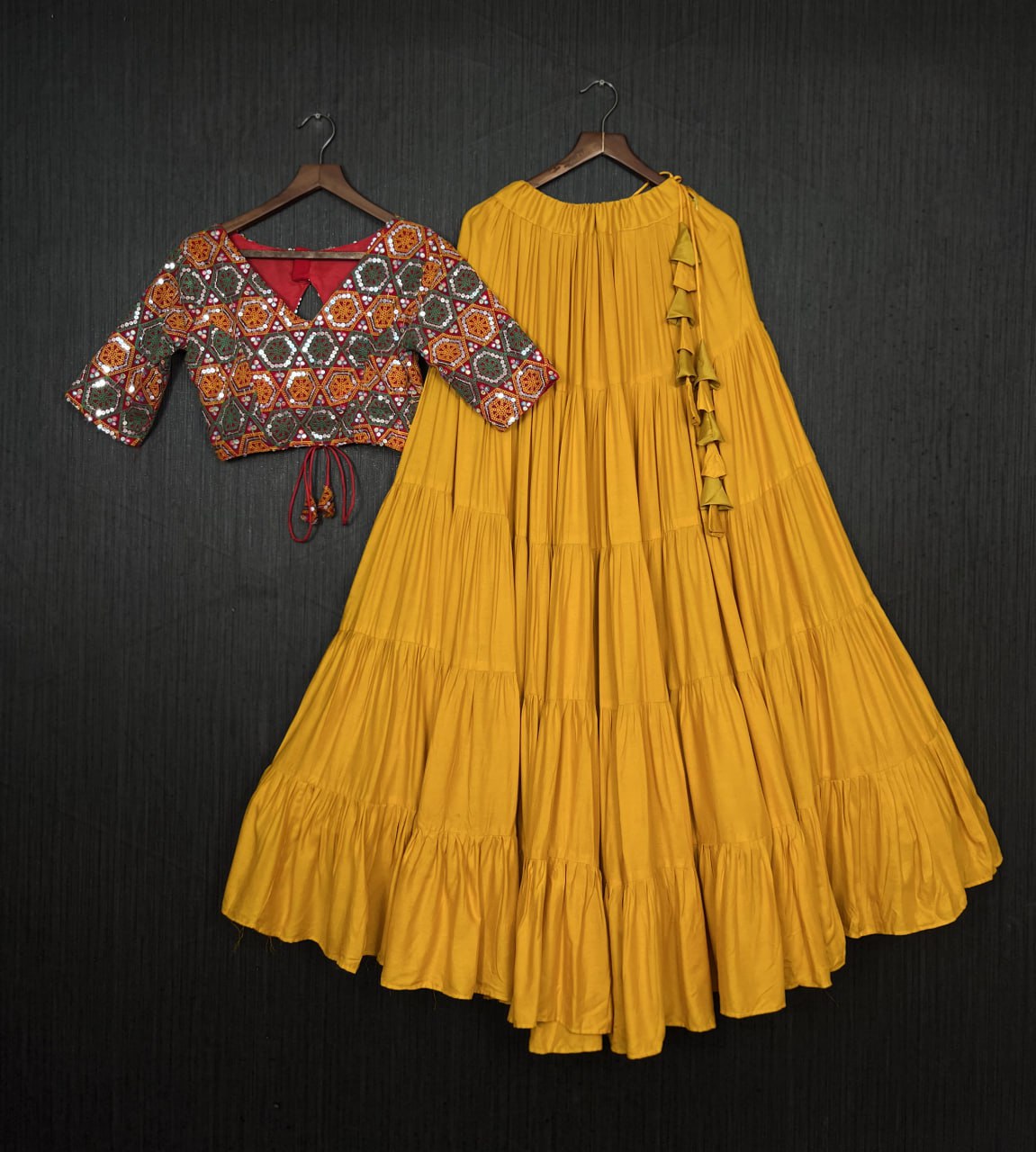 Plain Frill Pattern Yellow Lehenga With Traditional Thread Work Choli
