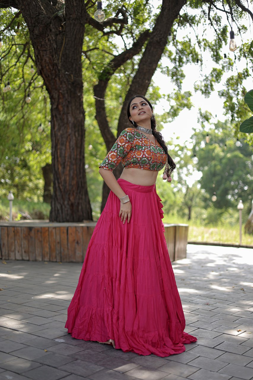 Plain Frill Pattern Pink Lehenga With Traditional Thread Work Choli