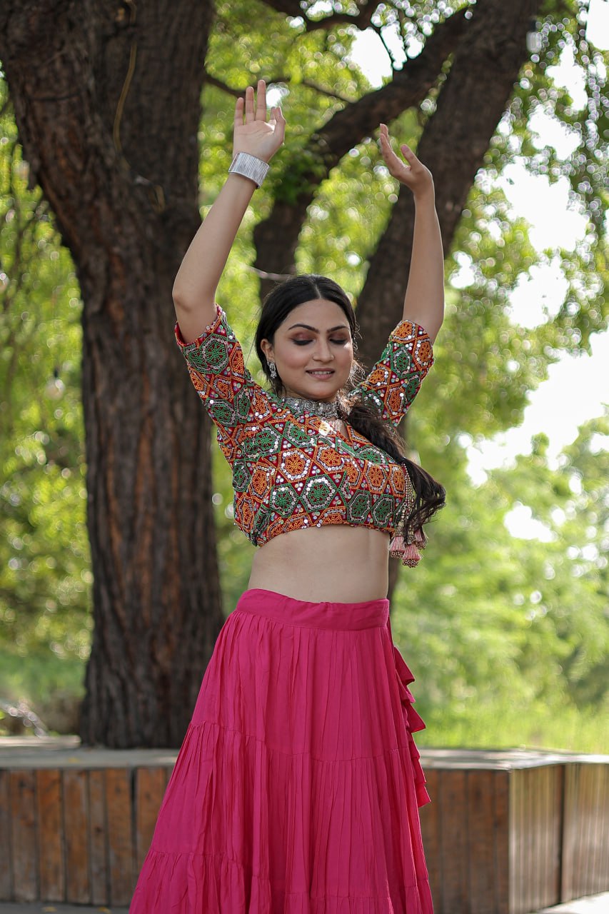 Plain Frill Pattern Pink Lehenga With Traditional Thread Work Choli