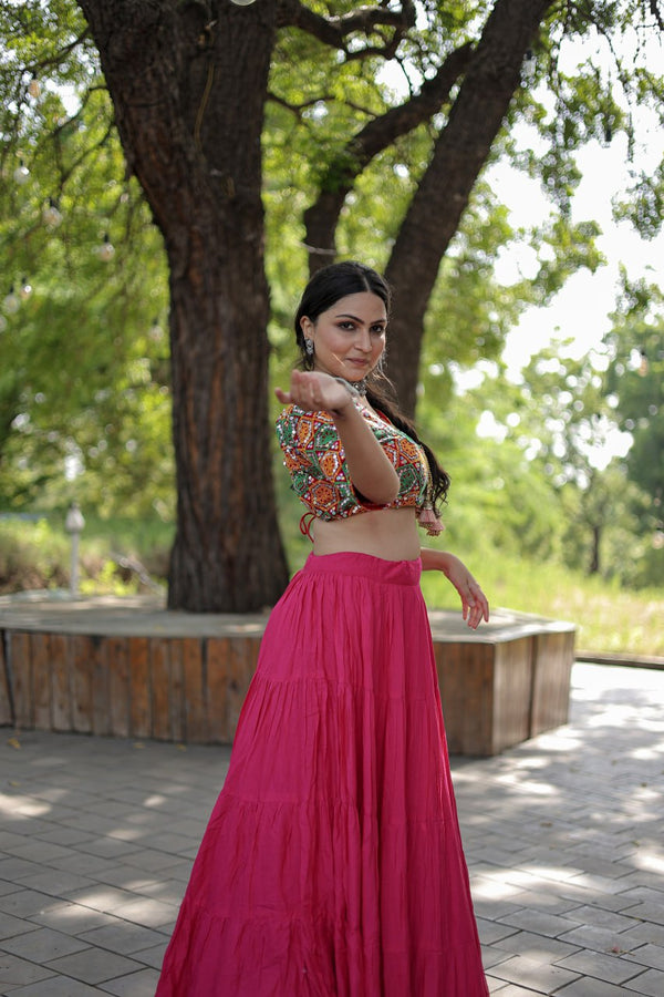 Plain Frill Pattern Pink Lehenga With Traditional Thread Work Choli