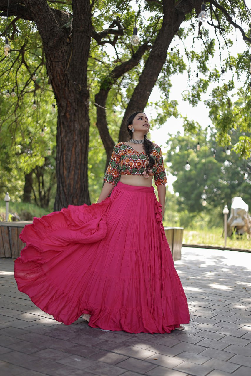 Plain Frill Pattern Pink Lehenga With Traditional Thread Work Choli