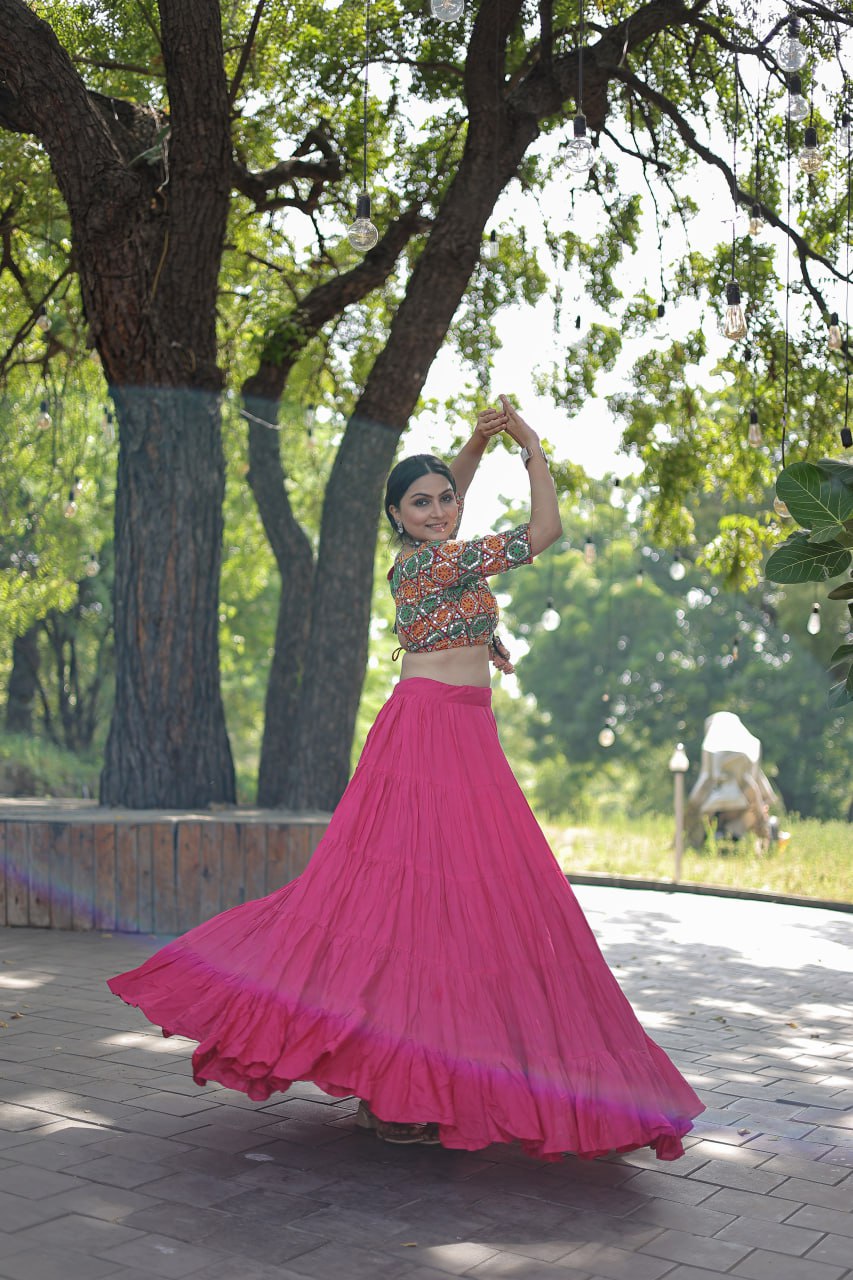 Plain Frill Pattern Pink Lehenga With Traditional Thread Work Choli