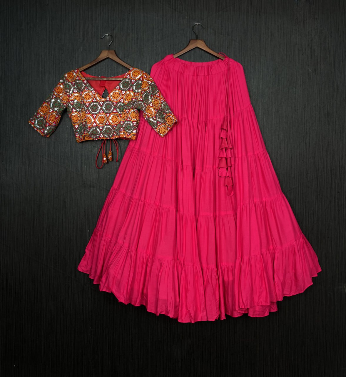 Plain Frill Pattern Pink Lehenga With Traditional Thread Work Choli