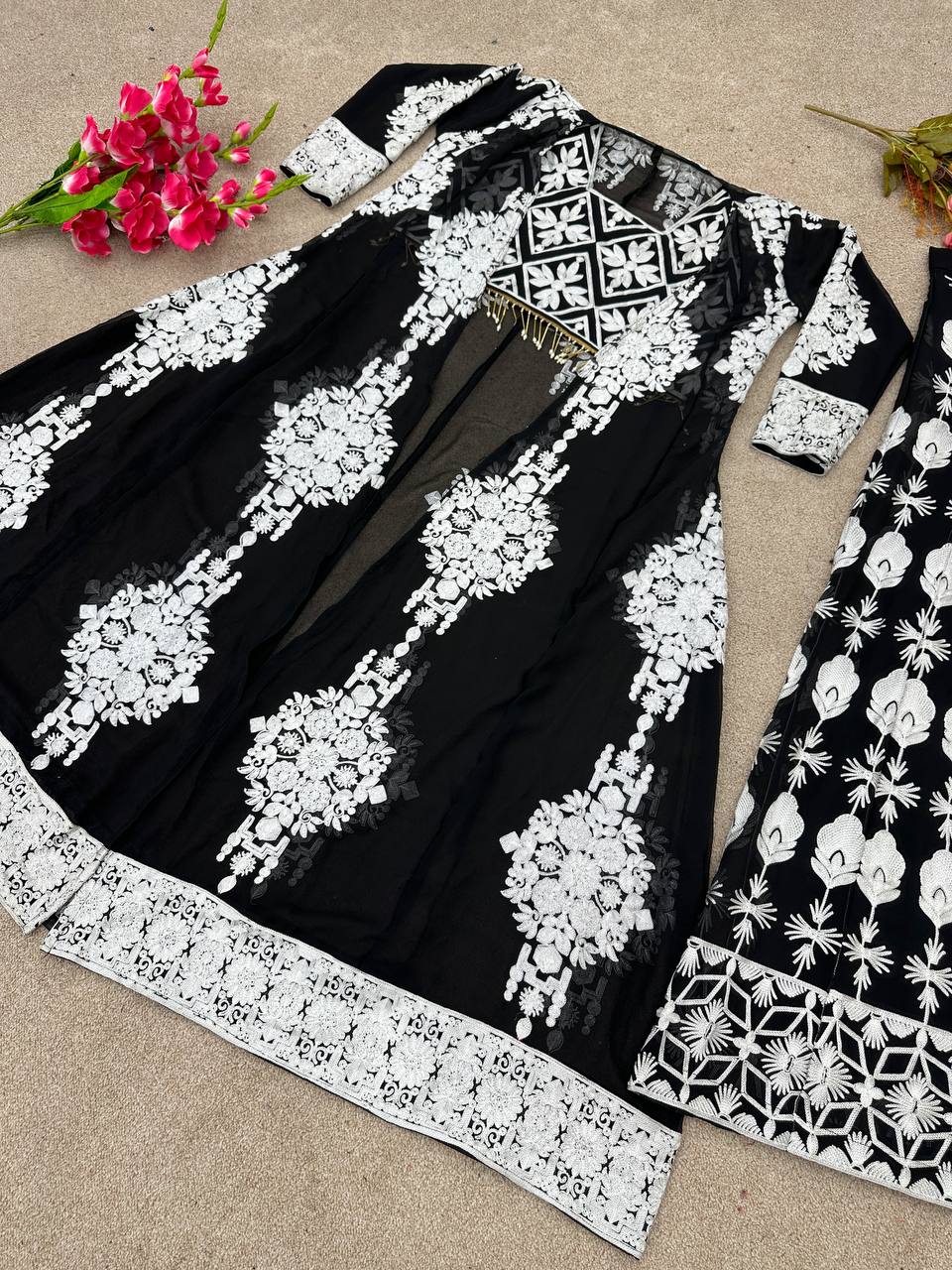 Trendy Black Color Embroidery Work Shrug With Sharara